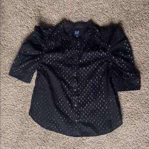 GAP Puff Sleeve Black Blouse with Silver Metallic Clip- Size XS
